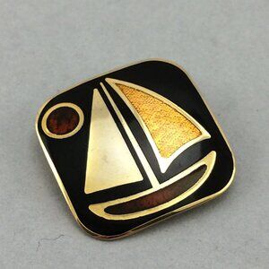 Vintage Modernist De Passille Sylvestre Sail Boat & Sun Square Enamel Brooch Pin